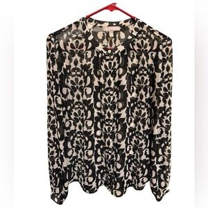 Banana Republic Women’s Black White Floral Print Long Sleeve Sheer Button Sz S